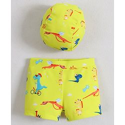 Babyhug Swimming Trunk With Dino Print & Swimming Cap - Yellow