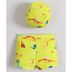 Babyhug Swimming Trunk With Dino Print & Swimming Cap - Yellow