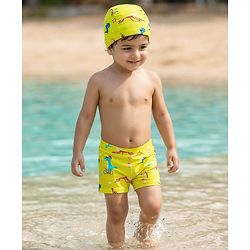 Babyhug Swimming Trunk With Dino Print & Swimming Cap - Yellow