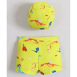 Babyhug Swimming Trunk With Dino Print & Swimming Cap - Yellow