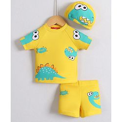 Babyhug Half Raglan Sleeves Two Piece Swimsuit With Dino Print & Swimming Cap - Yellow