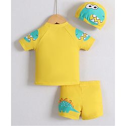 Babyhug Half Raglan Sleeves Two Piece Swimsuit With Dino Print & Swimming Cap - Yellow