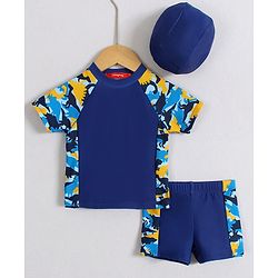 Babyhug Half Raglan Sleeves Two Piece Swimsuit With Dino Print & Swimming Cap - Navy Blue
