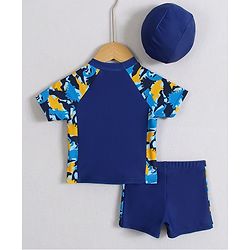 Babyhug Half Raglan Sleeves Two Piece Swimsuit With Dino Print & Swimming Cap - Navy Blue