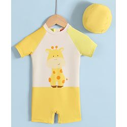 Babyhug Half Raglan Sleeves Legged Swimsuit with Giraffe Print - Yellow