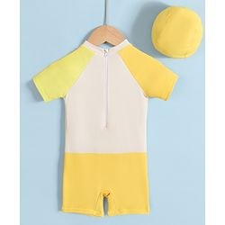Babyhug Half Raglan Sleeves Legged Swimsuit with Giraffe Print - Yellow