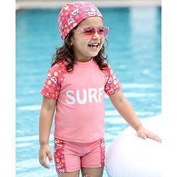 Babyhug Half Raglan Sleeves Two Piece Swimsuit & Cap with Teddy & Text Print - Pink