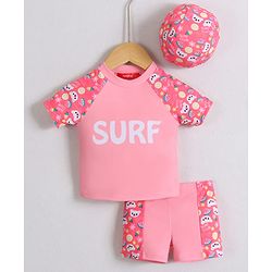 Babyhug Half Raglan Sleeves Two Piece Swimsuit & Cap with Teddy & Text Print - Pink