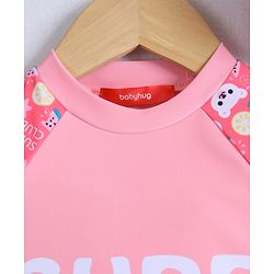 Babyhug Half Raglan Sleeves Two Piece Swimsuit & Cap with Teddy & Text Print - Pink