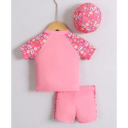 Babyhug Half Raglan Sleeves Two Piece Swimsuit & Cap with Teddy & Text Print - Pink