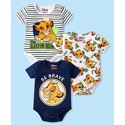 Babyhug Disney Interlock Knit Half Sleeves Onesies with Simba Graphics & Stripes Pack of 3 - White & Navy Blue