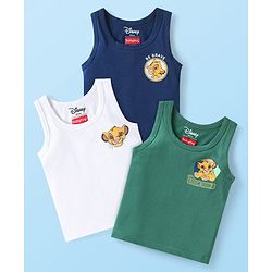 Babyhug Disney Interlock Knit Sleeveless Vests with Simba Graphics Pack of 3 - Green Navy Blue & White