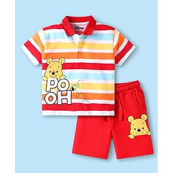 Babyhug Disney Single Jersey Knit Half Sleeves Striped Polo T-Shirt & Shorts Set With Winnie The Pooh Graphics - Red
