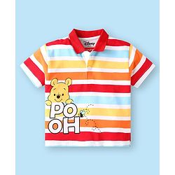 Babyhug Disney Single Jersey Knit Half Sleeves Striped Polo T-Shirt & Shorts Set With Winnie The Pooh Graphics - Red