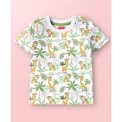 Babyhug Single Jersey Knit Jungle Theme Printed Dungaree & Half Sleeves T-Shirt Set - Green
