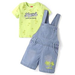 Babyhug Single Jersey Woven Dungaree & Half Sleeves T-Shirt With Tree Print - Blue & Green