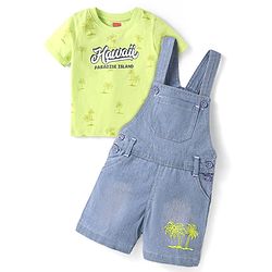 Babyhug Single Jersey Woven Dungaree & Half Sleeves T-Shirt With Tree Print - Blue & Green