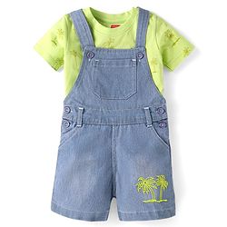 Babyhug Single Jersey Woven Dungaree & Half Sleeves T-Shirt With Tree Print - Blue & Green