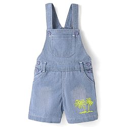 Babyhug Single Jersey Woven Dungaree & Half Sleeves T-Shirt With Tree Print - Blue & Green
