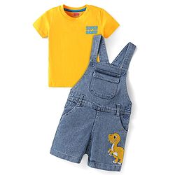 Babyhug Single Jersey Woven Dungaree & Half Sleeves T-Shirt With Dino Embroidery - Blue