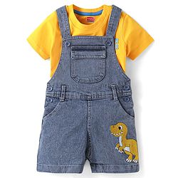 Babyhug Single Jersey Woven Dungaree & Half Sleeves T-Shirt With Dino Embroidery - Blue