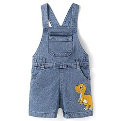 Babyhug Single Jersey Woven Dungaree & Half Sleeves T-Shirt With Dino Embroidery - Blue