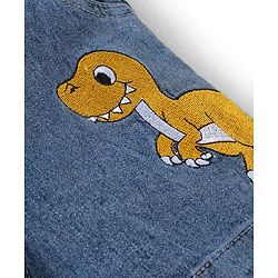 Babyhug Single Jersey Woven Dungaree & Half Sleeves T-Shirt With Dino Embroidery - Blue