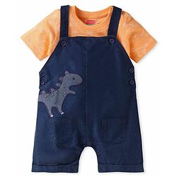 Babyhug Single Jersey Knit Half Sleeves T-Shirt & Dungaree Set with Dino Print & Embroidery - Navy Blue & Orange