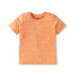 Babyhug Single Jersey Knit Half Sleeves T-Shirt & Dungaree Set with Dino Print & Embroidery - Navy Blue & Orange