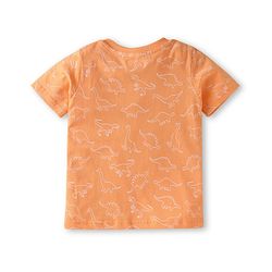 Babyhug Single Jersey Knit Half Sleeves T-Shirt & Dungaree Set with Dino Print & Embroidery - Navy Blue & Orange