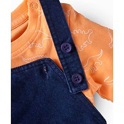 Babyhug Single Jersey Knit Half Sleeves T-Shirt & Dungaree Set with Dino Print & Embroidery - Navy Blue & Orange