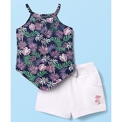 Babyhug Single Jersey Knit Sleeveless Top & Shorts Set with Tropical Theme Print & Bow Applique - White & Navy Blue