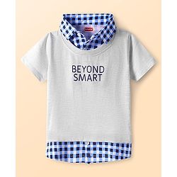 Babyhug Cotton Knit Half Sleeves Overlapped T-Shirt with Checks & Beyond Smart Text Print - Grey & Blue