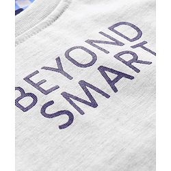 Babyhug Cotton Knit Half Sleeves Overlapped T-Shirt with Checks & Beyond Smart Text Print - Grey & Blue