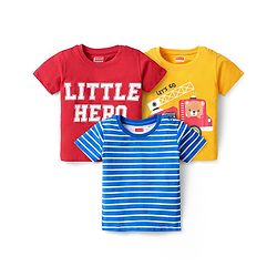 Babyhug Cotton Knit Half Sleeves T-Shirts With Stripes & Little Hero Text Print Pack Of 3 - Yellow & Blue