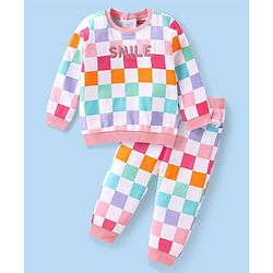Babyhug Interlock Knit Full Sleeves T-Shirt & Lounge Pant Set With Checks - White