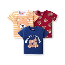 Babyhug Cotton Knit Half Sleeves T-Shirts With Stripes Bear & Best Friend Text Print Pack Of 3 - Red Navy Blue & Red