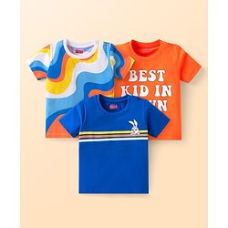 Babyhug Cotton Knit Half Sleeves T-Shirts With Animal & Text Print Pack Of 3 - Orange & Blue