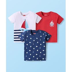 Babyhug Cotton Knit Half Sleeves T-Shirt with Nautical Theme Print Pack of 3 - Red Navy Blue & White