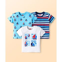 Babyhug Cotton Knit Half Sleeves T-Shirts With Stripes & Nautical Print Pack Of 3 - Blue & White
