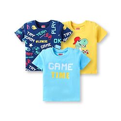 Babyhug Cotton Knit Half Sleeves T-Shirts With Dino Print & Gaming Theme Text Print Pack Of 3 - Light Blue Navy Blue & Yellow