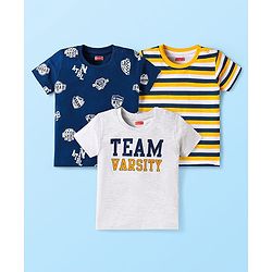 Babyhug Cotton Knit Half Sleeves T-Shirts With Stripes & Team Varsity Text Print Pack Of 3 - Yellow & Navy Blue