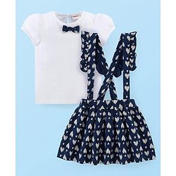 Babyhug Single Jersey Knit Puffed Sleeves Top & Skirt With Bow Applique & Heart Print - Navy Blue & White