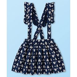 Babyhug Single Jersey Knit Puffed Sleeves Top & Skirt With Bow Applique & Heart Print - Navy Blue & White