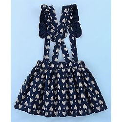Babyhug Single Jersey Knit Puffed Sleeves Top & Skirt With Bow Applique & Heart Print - Navy Blue & White