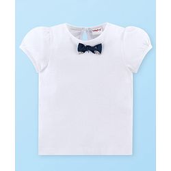 Babyhug Single Jersey Knit Puffed Sleeves Top & Skirt With Bow Applique & Heart Print - Navy Blue & White