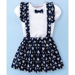 Babyhug Single Jersey Knit Puffed Sleeves Top & Skirt With Bow Applique & Heart Print - Navy Blue & White