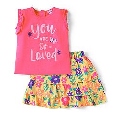 Babyhug Single Jersey Knit Sleeveless Top & Skirt With Floral & Text Print - Dark Pink & Mustard