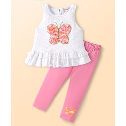 Babyhug Single Jersey Knit Sleeveless Polka Dot Printed Top & Butterfly Printed Legging Set With Butterfly Applique - White & Pink