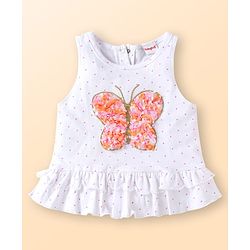 Babyhug Single Jersey Knit Sleeveless Polka Dot Printed Top & Butterfly Printed Legging Set With Butterfly Applique - White & Pink